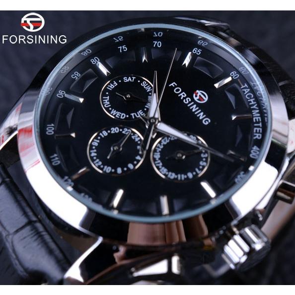 【時間指定不可】 腕時計 Forsining 2016レトロなファッションデザイナー3ダイヤル装飾本革ゴールデン男性高級ブランド自動機械式時計 Black Silver 腕時計
