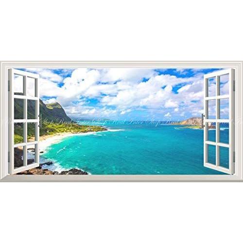 絵画風 ハワイ 壁紙ポスター はがせるシール式 オアフ島 窓の景色 ハワイ マカプウ オアフ島 ハナウマ ベイ マカプウ ビーチ リゾート En Office パノラマ 海 窓仕 本日のどっきりセール