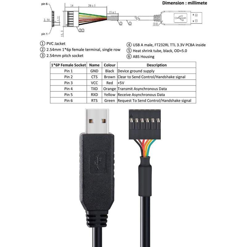 DTECH USB TTL シリアル 変換 ケーブル 3.3V 1m FTDI チップセット 6ピン 2.54mm ピッチ メス コネクタ｜en-office｜02