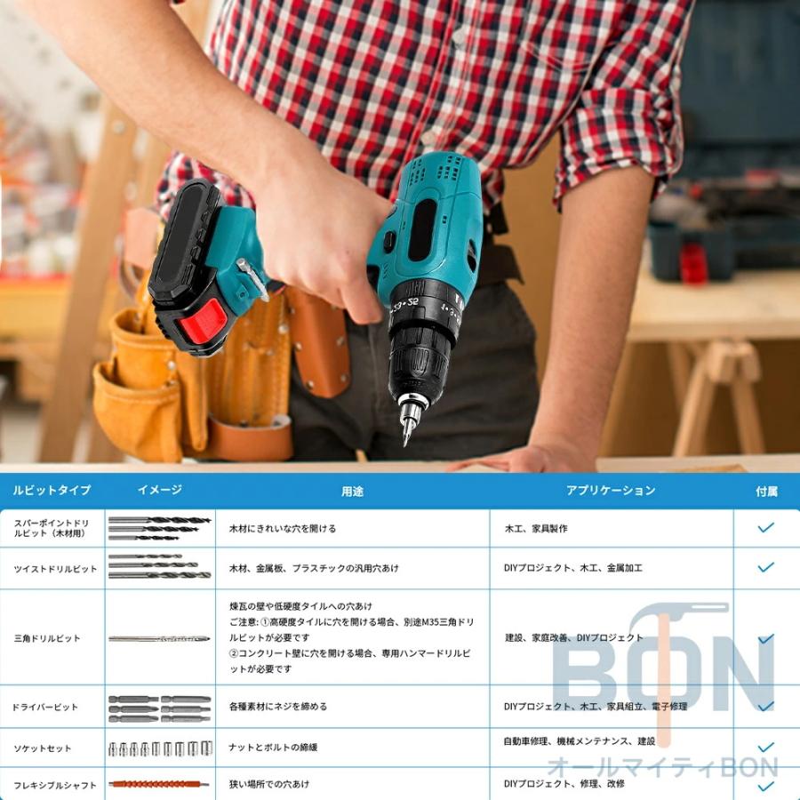 電動ドライバー セット 充電式 電動 ドライバー 小型 コードレス コンパクト 18V 最大50N.m 2Way 電源に対応 25+3段階トルク調節 スピード調節機能 |  | 15