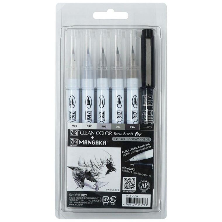 ZIG CLEAN COLOR REAL BRUSH＋MANGAKA 6本セット グレーカラー（1