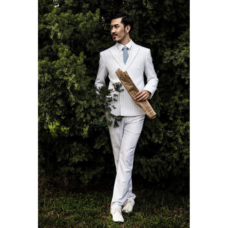 白 ストライプ ドレススーツ男性ダブルブレストメンズ 2 ピースセット