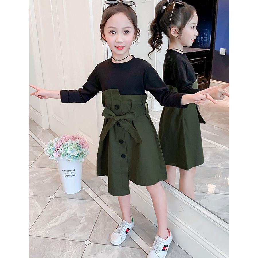 ワンピース アンサンブルワンピース 蝶結び キッズ ワンピース 女の子 女児 春着 秋着 グリーン ページュ カジュアル 子供ワンピース 110 160cm Lxl Encore 通販 Yahoo ショッピング