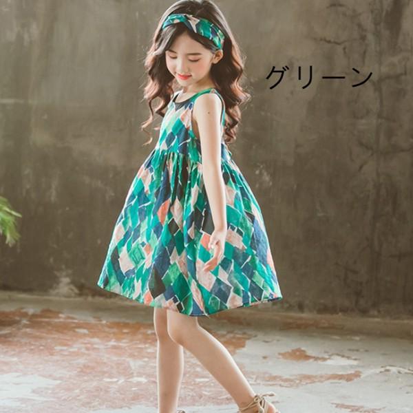 夏ワンピ 子供服 キッズ ワンピース ハイウエスト ノースリーブ ナチュラル 女の子 プリントワンピ タンクワンピース カチューシャ