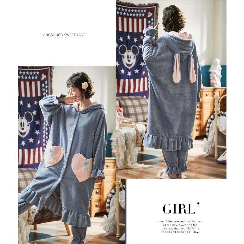 フランネルパジャマ レディース バスローブ セットアップ 裏起毛 ロング丈 うさぎ耳付き 厚手 防寒 ネグリジェ 冬用 可愛い ルームウェア ナイトガウン 部屋着 Y Encore 通販 Yahoo ショッピング