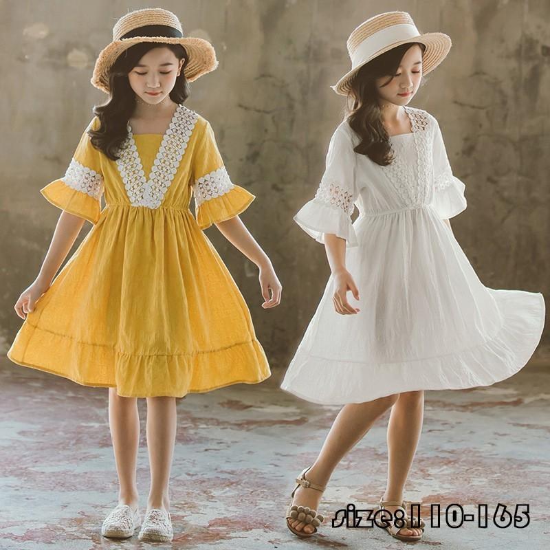 ワンピース 子供ドレス 子供服 ロング丈 五分袖 フレアスカート フレア袖 コットン 女の子 リゾート おしゃれ 春夏 カジュアル 可愛い ジュニア服 卒園式 入学式 Y Encore 通販 Yahoo ショッピング