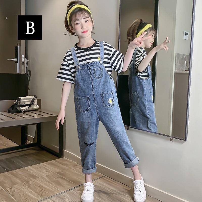 送料無料 オーバーオール 女の子 デニム 上下セットアップ 子供服 2点セット サロペット
