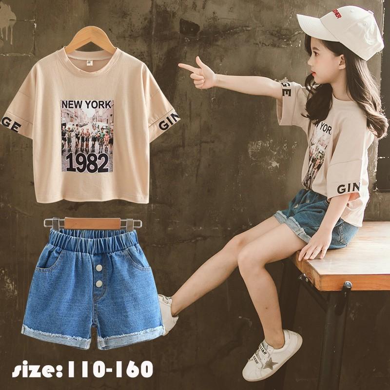 韓国子供服 セットアップ Tシャツ 半ズボン デニムパンツ パンツ ジーンズ プリント 夏 半袖 薄手 ゆったり リゾート 女の子 可愛い カジュアル きれいめ 入学式 Y Encore 通販 Yahoo ショッピング