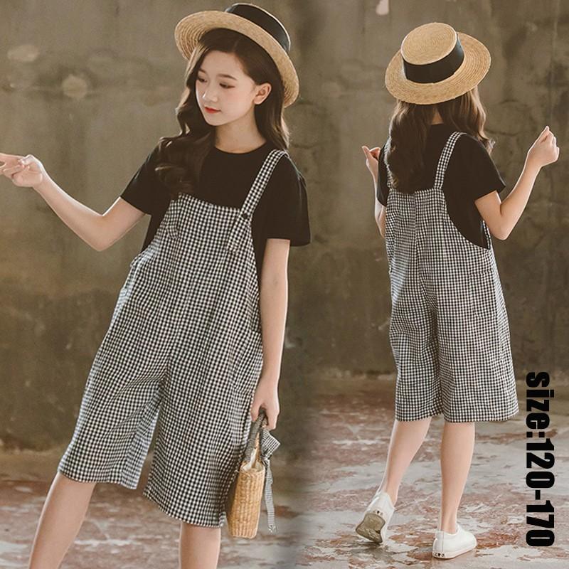 韓国子供服 セットアップ 親子 お揃い 黒tシャツ オーバーオール チェック柄 ワイドパンツ ガウチョパンツ 五分丈 夏 半袖 ゆったり 女の子 可愛い 入学式 Y2529 Encore 通販 Yahoo ショッピング