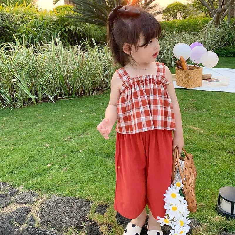 韓国子供服 ２点セット 夏 キャミソール ガウチョパンツ ズボン チェック柄 ワイドパンツ ノースリーブ ゆったり セットアップ カジュアル ベビー 女の子 可愛い 翌日発送可能