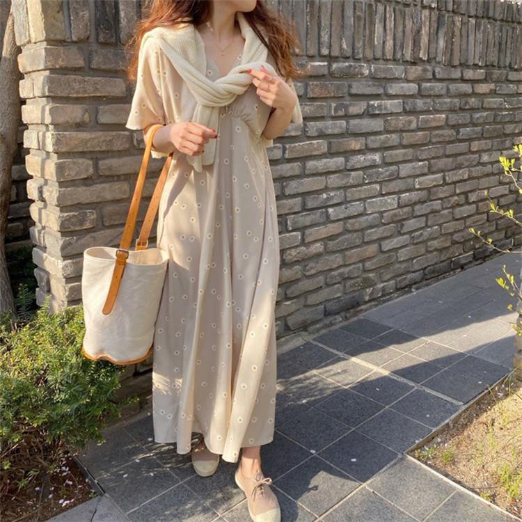 ワンピース レディース 上品 春夏 マキシワンピース ひな菊 花柄 綿麻亜麻リネン 半袖 きれいめ Vネック 膝丈 体型カバー着痩せ 通勤 Ol 韓国風 30代 40代 50代 Y Encore 通販 Yahoo ショッピング