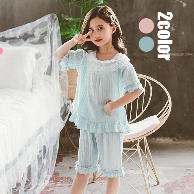 子供服 キッズ パジャマ 女の子 夏 半袖 可愛い お姫様 ルームウェア ナイトウェア 部屋着 寝巻き セットアップ 2点セット 綿パジャマ オシャレ 2色 Y Encore 通販 Yahoo ショッピング