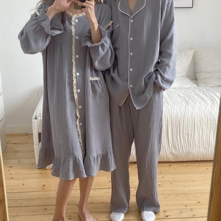 カップルパジャマ 春秋 長袖 女 男 ネグリジェ 上下セット 可愛い 寝巻き 部屋着 オシャレ レディース メンズ きれいめ ゆったり ペアパジャマ Y Encore 通販 Yahoo ショッピング