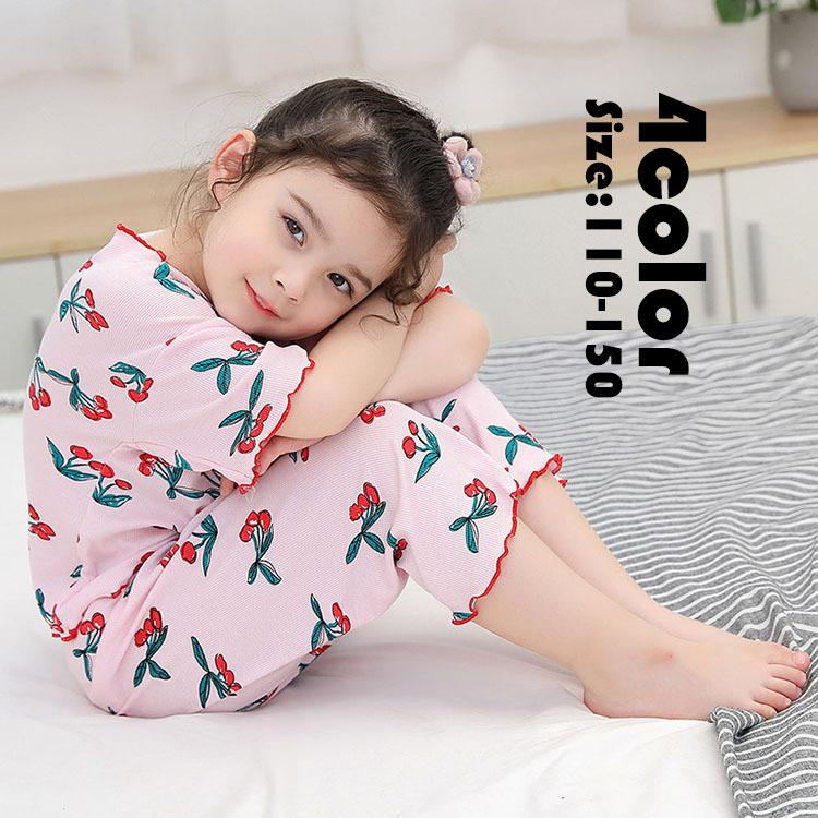 キッズ 女の子 上下セット パジャマ ストレッチ 夏 半袖 果物柄 可愛い オシャレ ルームウェア 部屋着 寝巻き モダール ゆったり 子供服 4色 Y Encore 通販 Yahoo ショッピング