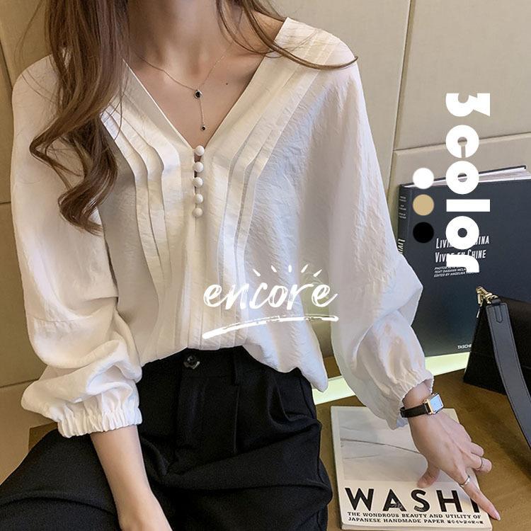 シャツ レディース ブラウス 春 秋 冬 50代 長袖 白 ブラウス カジュアル オフィス Vネック きれいめ 韓国風 ゆったり おしゃれ 大きいサイズ 通勤 大人 3色 Y Encore 通販 Yahoo ショッピング