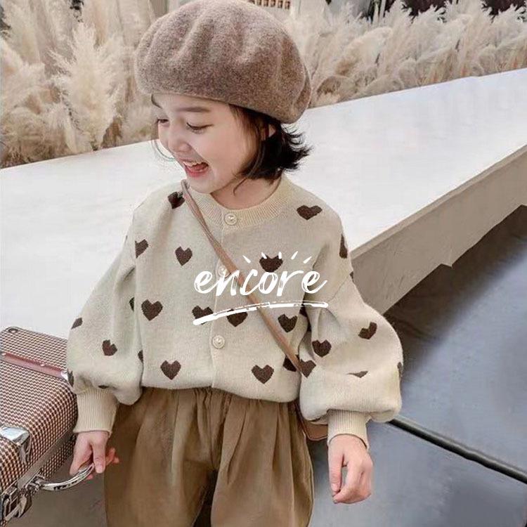 子供服 バルーン袖ニットカーディガン キッズ 女の子 カーディガン トップス ニット セーター ハート柄 丸首 カワイイ 80 90 100 110 1 130 140 150 Y Encore 通販 Yahoo ショッピング