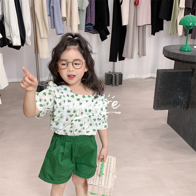 セットアップ 子供 夏 半袖 シャツ ブラウス ハーフパンツ 79 以上節約 半ズボン 上下セット キッズ ベビー 小学生 女の子 ハート柄 おしゃれ 幼稚園 保育園 可愛い 通学