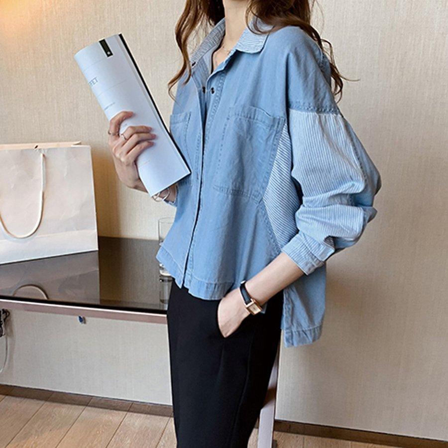 デニム風シャツ レディース 異素材切替 シャツブラウス カジュアル 長袖シャツ 春服 胸ポケット トップス 羽織り おしゃれ 代30代40代50代 ゆったり 通勤通学 5 Off