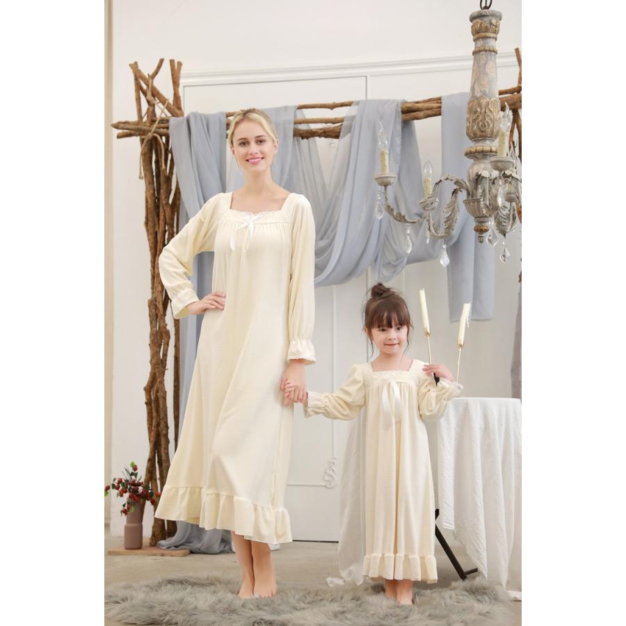 2色 親子 ナイトドレス 子供 レース 姫系 もこもこ ルームワンピース パジャマ ロング丈 春秋冬用 ネグリジェ 寝巻き 防寒 部屋着 女児 シンプル 可愛い Y Encore 通販 Yahoo ショッピング