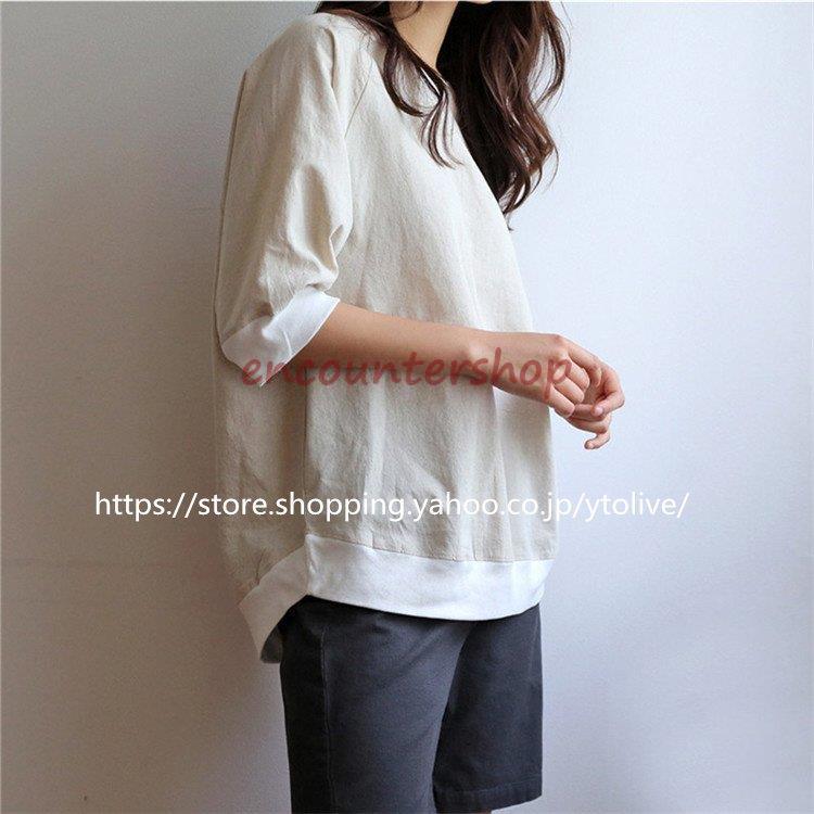 トップス Tシャツ 七分袖 レディース 綿 麻 プルオーバー