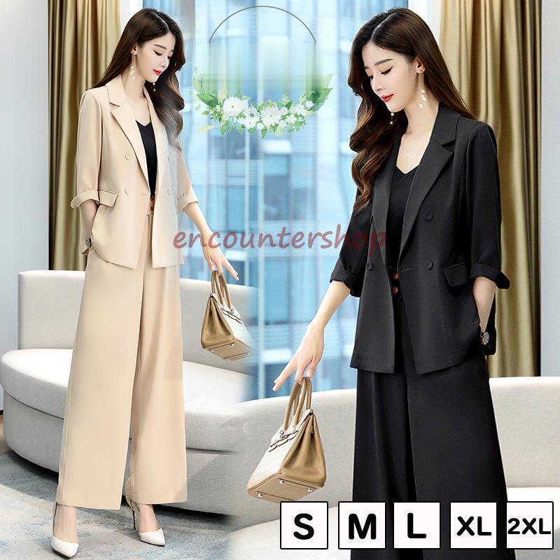 返品 交換対象商品 チェック柄 ワイドパンツ ジャケット パンツスーツ レディース セットアップ レディース 冬 秋 夏 春 40代 30代 卒業式 入学式 大きいサイズ セットアップ カラー ブラック Estate Oauife Edu Ng