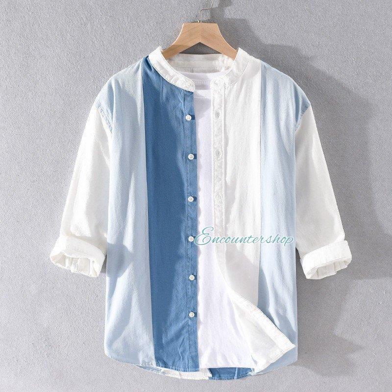 メンズ リネン ジャケット 夏 カジュアルシャツ 七分袖 切り替え ストライプ 綿100％ 柔らかい おしゃれ バンドカラー ノーカラー ス メンズ リネン ジャケット 夏 カジュアルシャツ 七分袖 切り替え