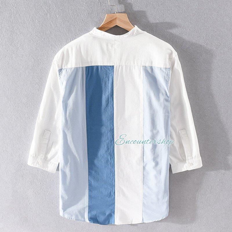 メンズ リネン ジャケット 夏 カジュアルシャツ 七分袖 切り替え