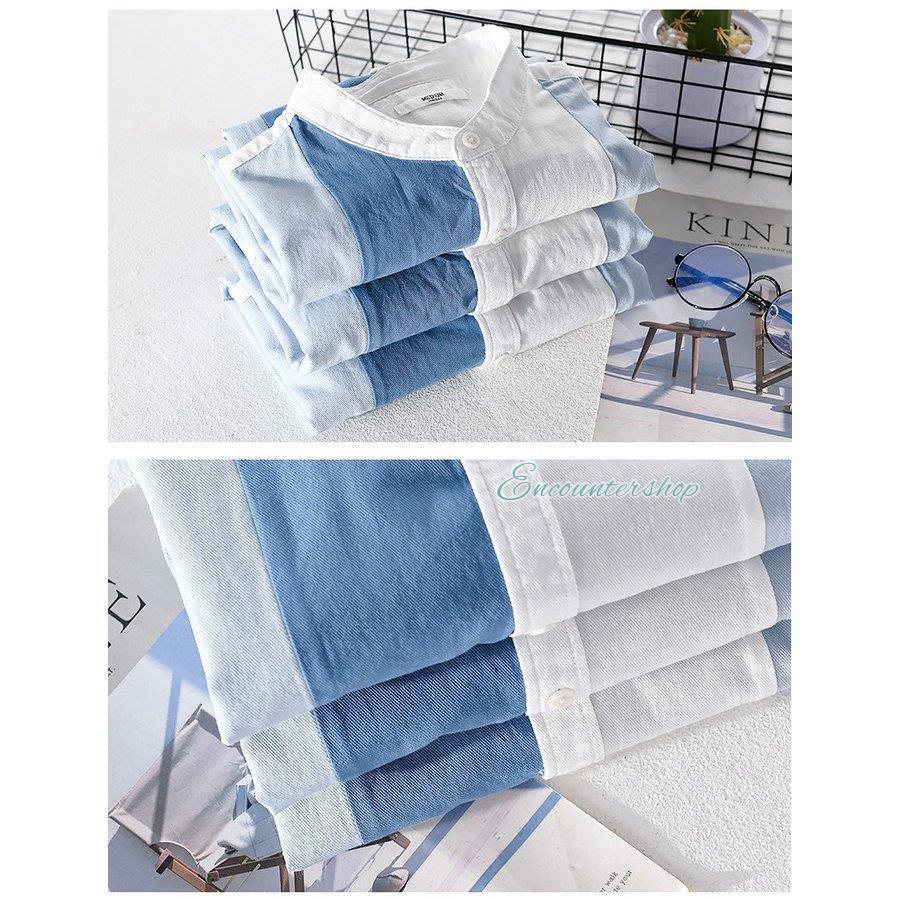 メンズ リネン ジャケット 夏 カジュアルシャツ 七分袖 切り替え ストライプ 綿100％ 柔らかい おしゃれ バンドカラー ノーカラー ス メンズ リネン ジャケット 夏 カジュアルシャツ 七分袖 切り替え