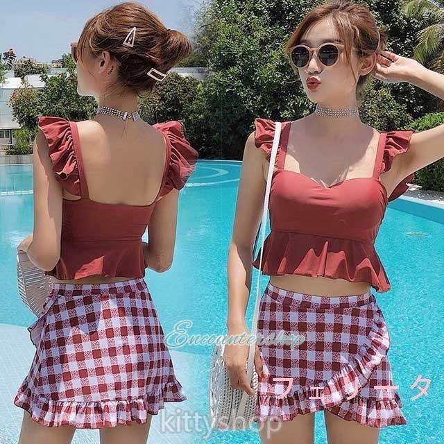 チェック柄　ビキニ　スカートセット FREEサイズ　グリーンレーベル 水着 スカート チェック 20代 オシャレ セパード水着 レディース