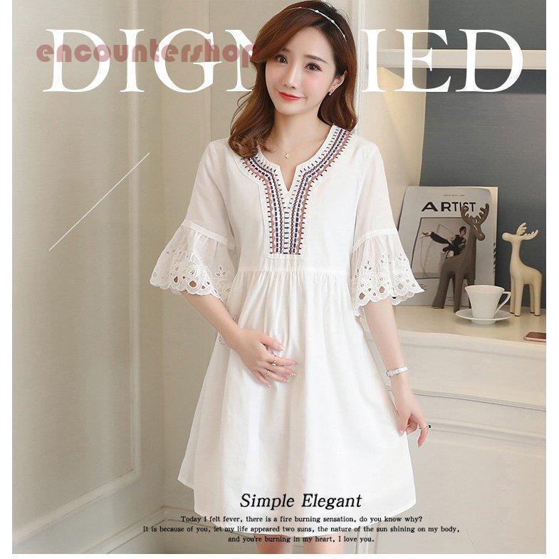 マタニティーワンピース 限定価格セール レディース 40代 きれいめ 膝丈ワンピース 春夏新作 Vネック オシャレ 五分袖ワンピース Aラインスカート 白レース ゆったり妊 服