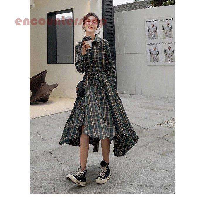 シャツワンピース レディース 40代 きれいめマキシ丈ワンピース 春秋 長袖ワンピース チェックワンピース フレアスカート オシャレ お出かけ 着痩せ 30代50代