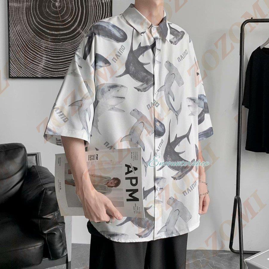 父の日 シャツ メンズ カジュアルシャツ 総柄 サメ柄 半袖シャツ