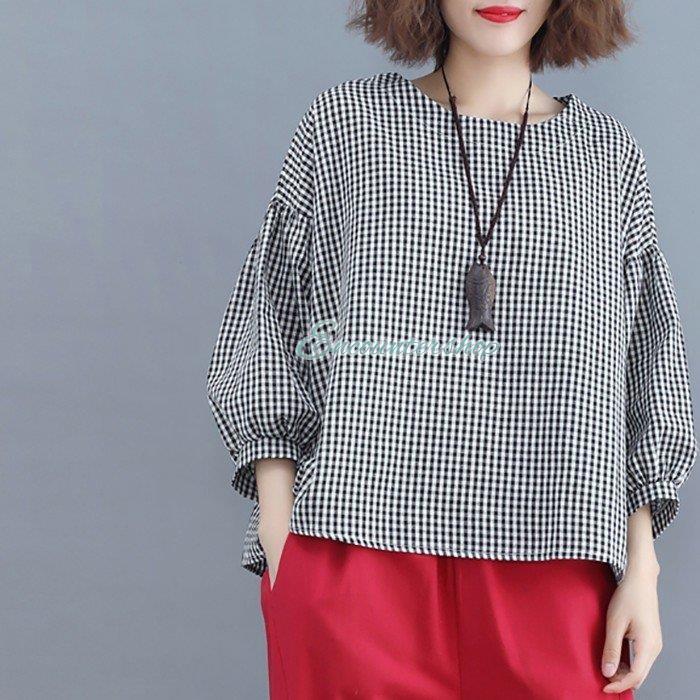 ブラウス シャツ ギンガム チェック柄 長袖 可愛い ボートネック