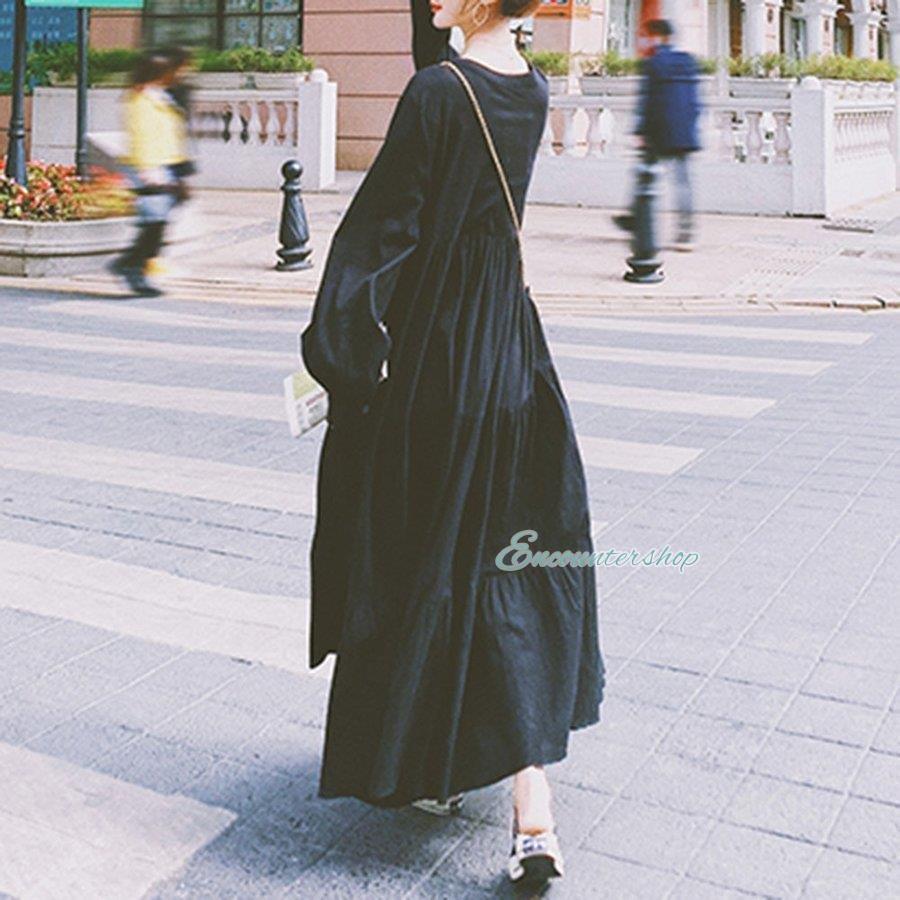 ワンピース レディース マキシ丈ワンピース 長袖 おしゃれ きれいめ 黒