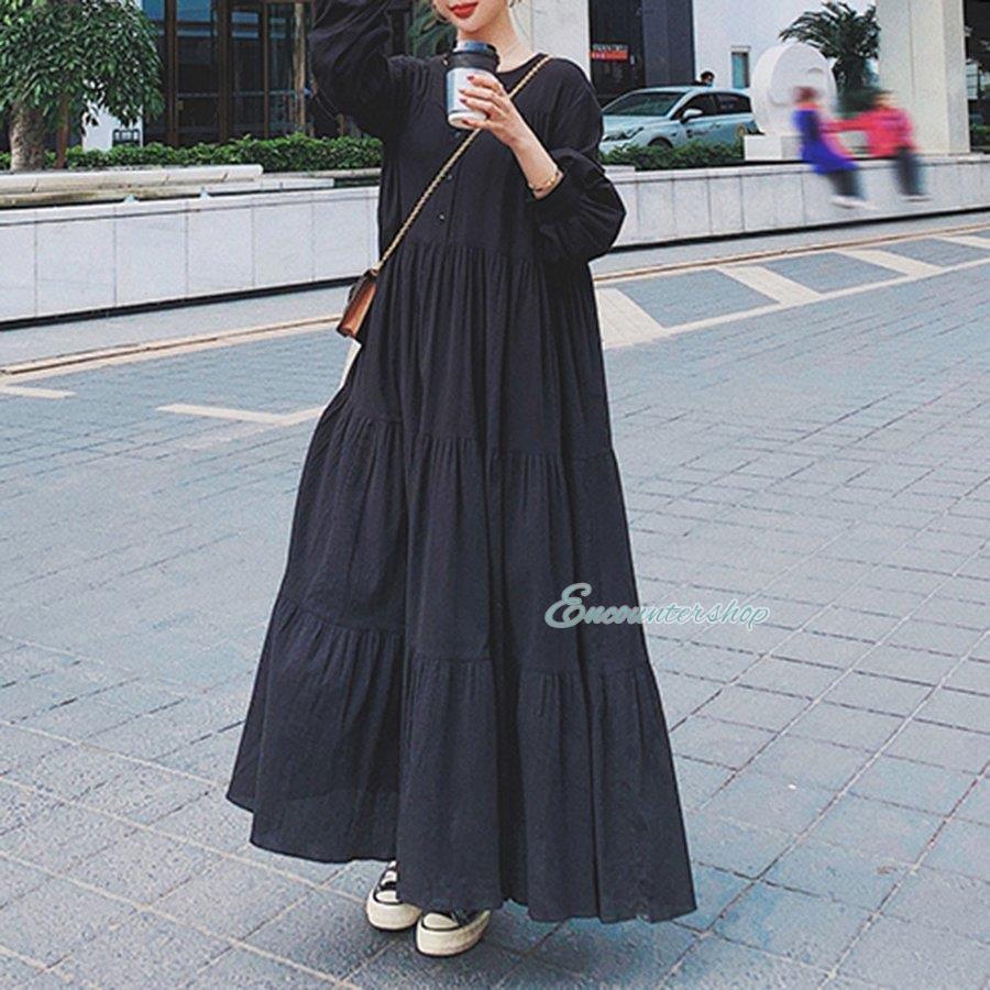 ワンピース レディース マキシ丈ワンピース 長袖 おしゃれ きれいめ 黒