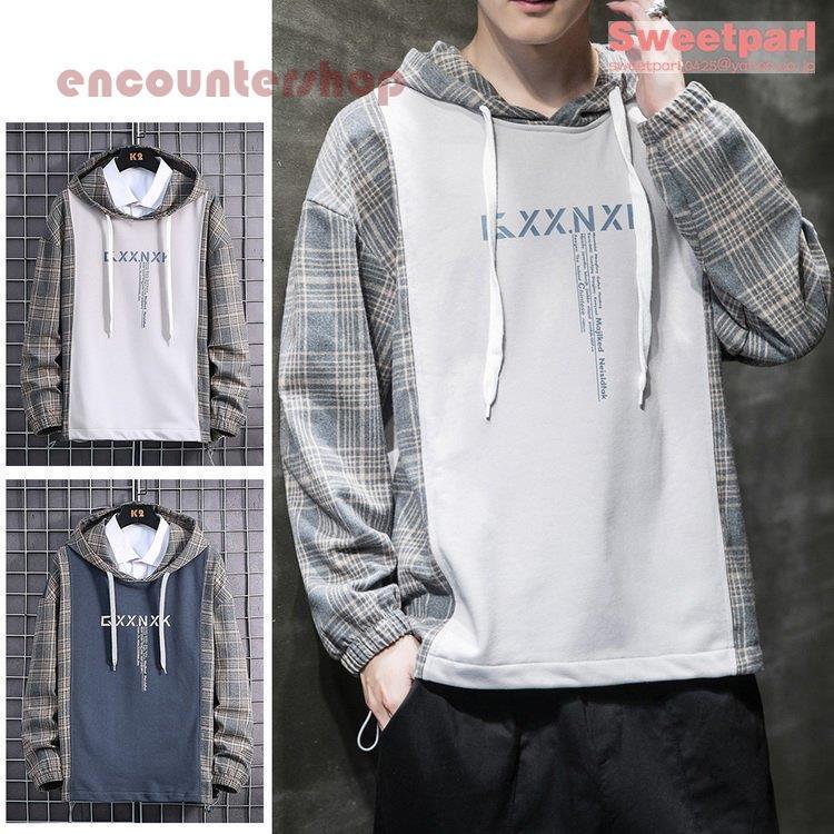 プルオーバー メンズ パーカー トップス 春服パーカー きれいめ ロゴ チェック柄 切替 長袖 カジュアル 21 春夏 新作 気質アップ