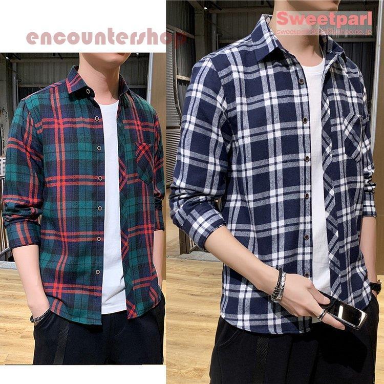 メンズ ネルシャツ チェックシャツ カジュアルシャツ 春冬 春物 シャツ トップス 長袖 細身 きれいめ 10代 20代 30代 ファッション