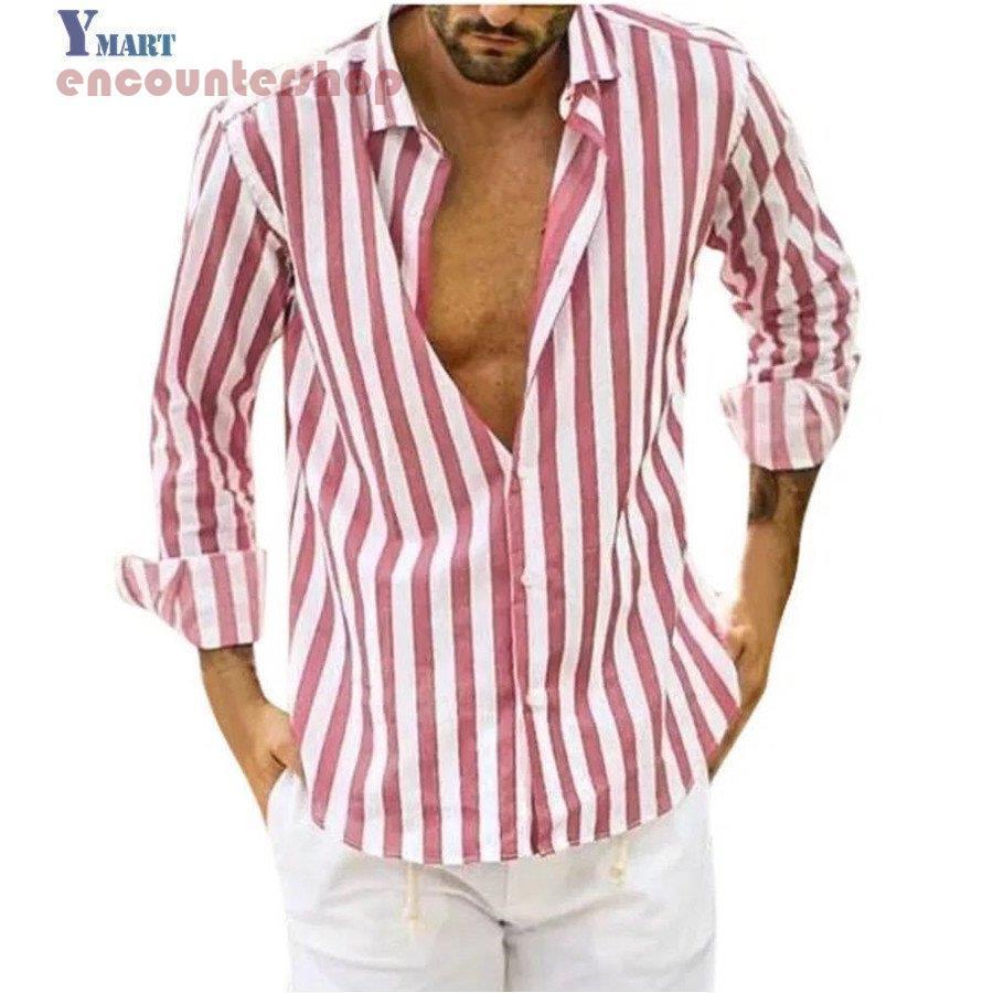 シャツ メンズ 長袖 トップス ブラウス ストライプシャツ 開襟 大きい