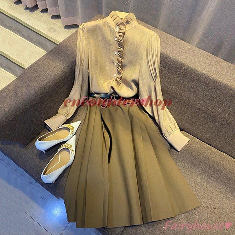 ワンピースセットレディース 40代 きれいめワンピース 秋冬 長袖ブラウス Aラインスカートセットアップ オシャレ大人韓国風大きいサイズ 通勤ol 30代 50代 激安ブランド