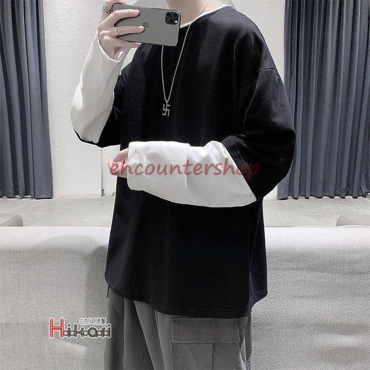 ロンT メンズ 長袖 ロングTシャツ 重ね着風 ティーシャツ メンズ