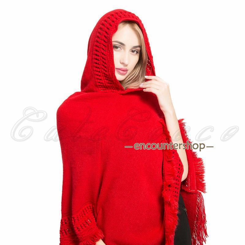 ポンチョ マント ショール レディース 無地 フード付き フリンジ