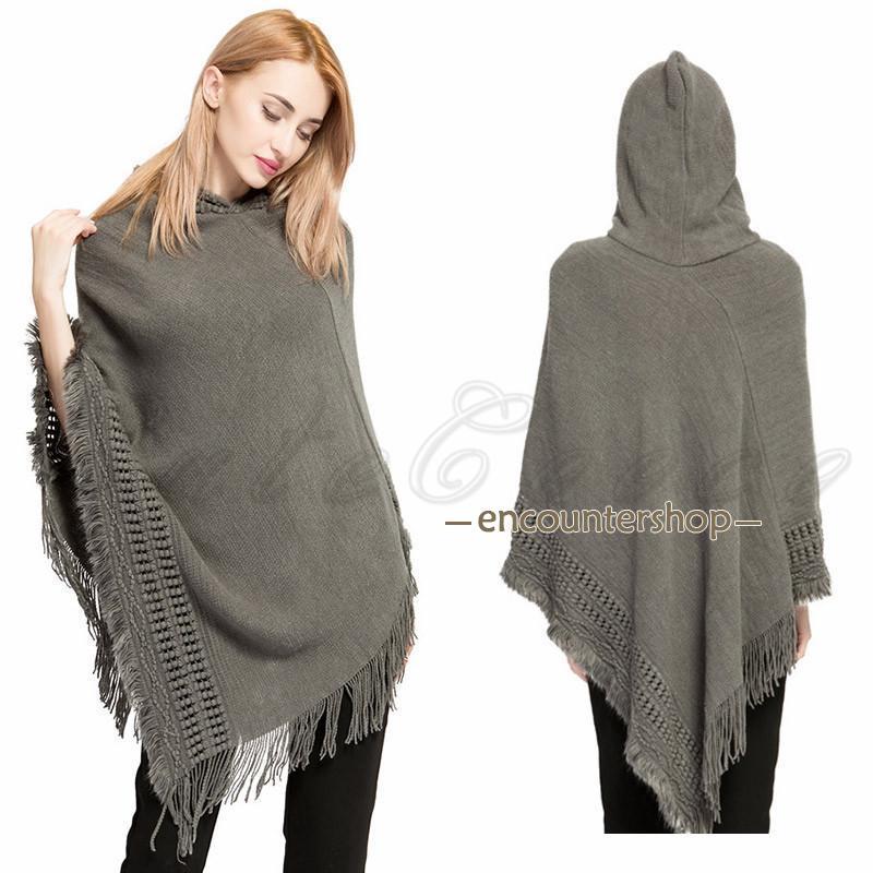 ポンチョ マント ショール レディース 無地 フード付き フリンジ
