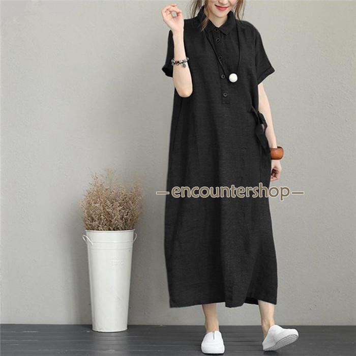 ワンピース レディース 40代 ワンピース 春夏 きれいめ 綿マキシワンピース 半袖 無地Ｔシャツワンピース ロング オシャレ ゆったり 通勤 通学 韓国風 30代 シャツワンピース レディース 夏 綿麻 ワンピース 40代 50代 折り襟