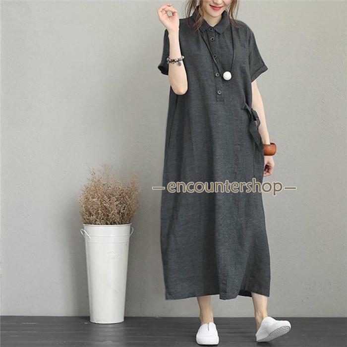 シャツワンピース レディース 夏 綿麻 ワンピース 40代 50代 折り襟