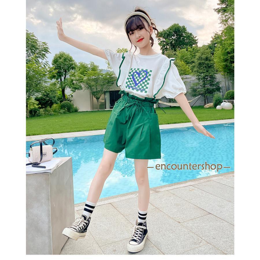 セットアップ 女の子 夏 キュロット ナチュラル キッズ ジーンズ 半ズボン ワイドパンツ 半袖 ゆったり リゾート こども 可愛い きれいめ ...
