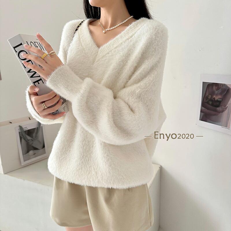 レディース 秋冬　春　新品 長袖　韓国風　トップス　モヘア　シャギー　ニット クロップド シャギー ニット トップス レディース 秋冬 韓国 大人