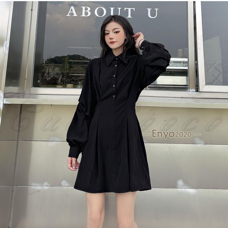 シャツワンピース レディース ミニワンピース 無地 ポロネック 長袖 膝
