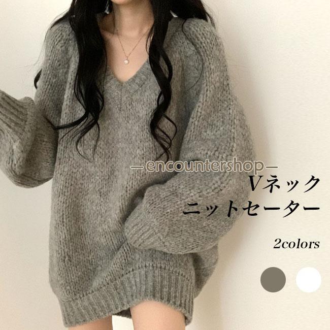 ニットセーター 厚手 Vネック レディース ニット 畦編み オーバー