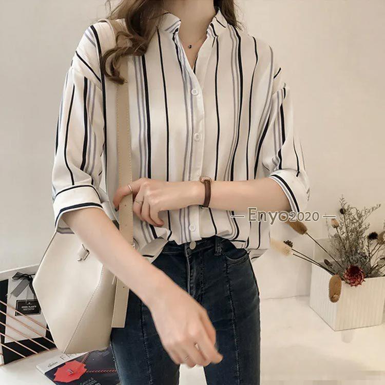 ストライプ柄シャツ スキッパーシャツ Yシャツ ブラウス バンドカラー 
