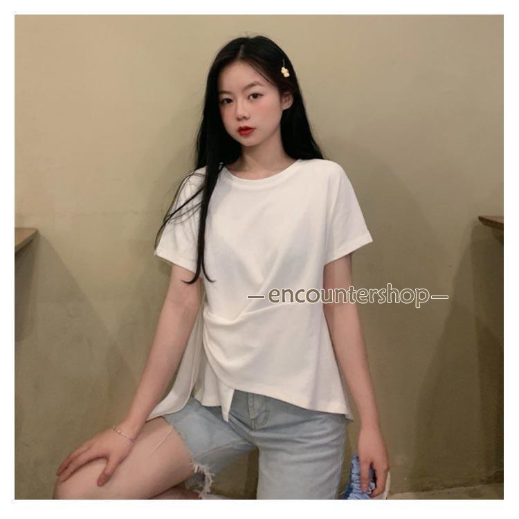 くびれ Tシャツ レディース 変形 カットソー お洒落 ギャザー 着痩せ